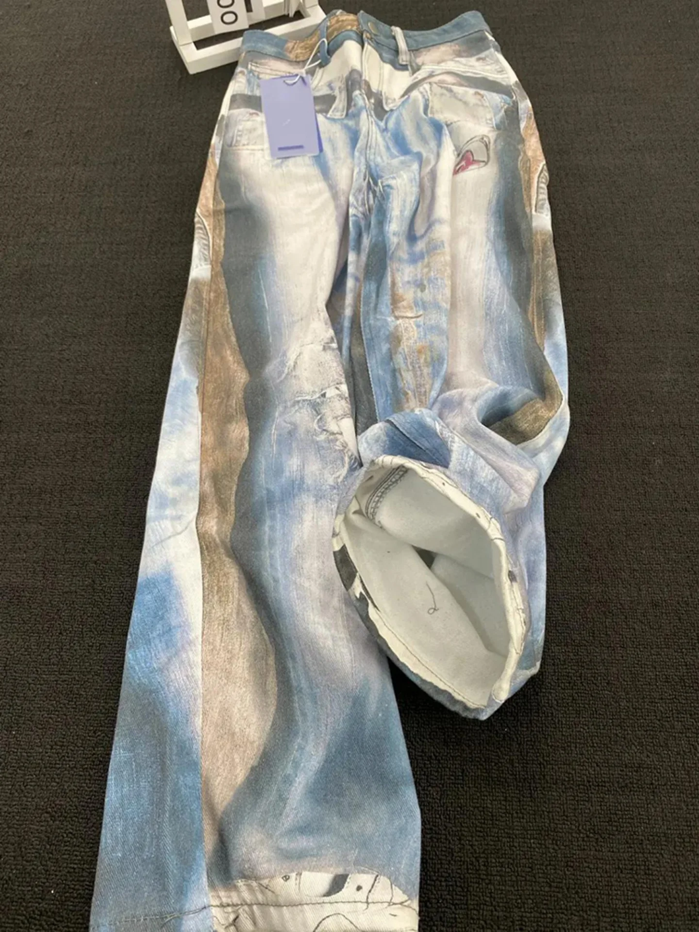 

Waed American Sle Spray Paint fiti Straight Leg Jeans Men's High Street Design CleanFit Bend Knife Jeans Casual Youth