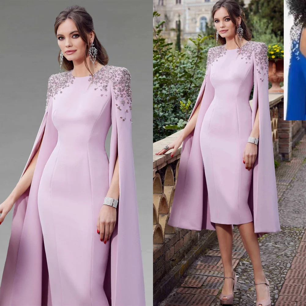

Customized High Quality Pink Jersey Evening Dress Exquisite O-Neck Long Sleeves Celebrity Gowns Luxury Special Occasion Gowns