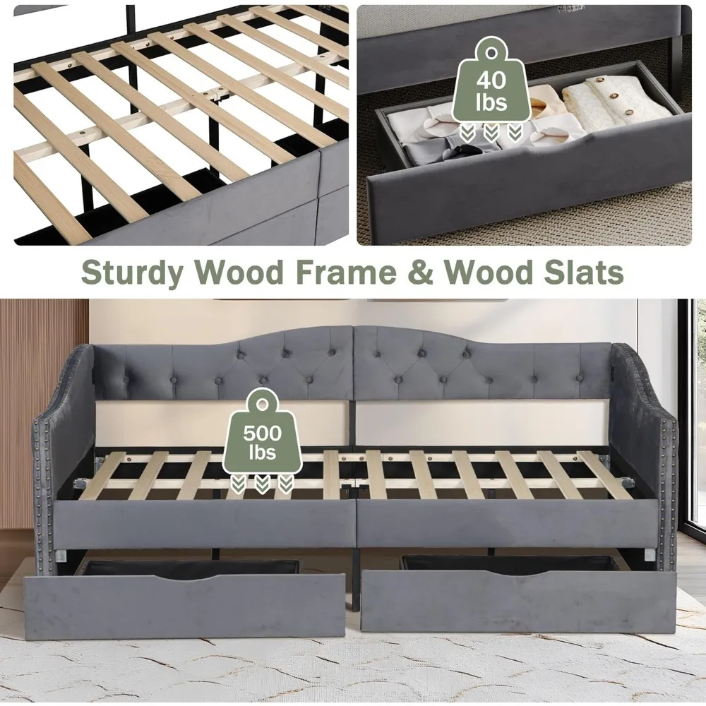 Daybed Ukuran Twin Berlapis Kain dengan Penyimpanan, 2 Port USB, Rangka Kayu Kokoh, Ideal untuk Kamar Tidur, Tidak Perlu Box Spring