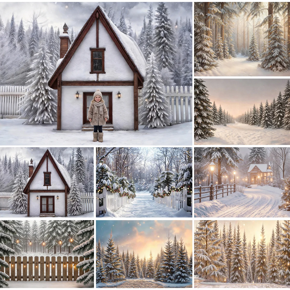 Winter Snowy Cabin White Fence Path Forest Pine Trees Sunrise Backdrop For Kids And Adults Portrait Photography