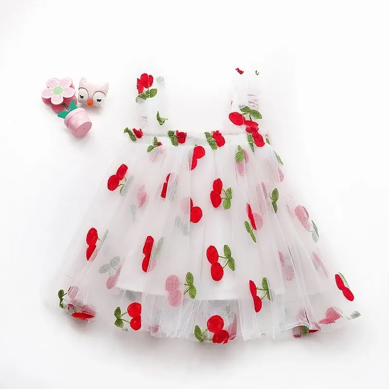 

Infant Baby Girls Sleeveless Dress 3D Cherry Decor A-line Tiered Tulle Dresses Children Princess Mesh Sling Dress