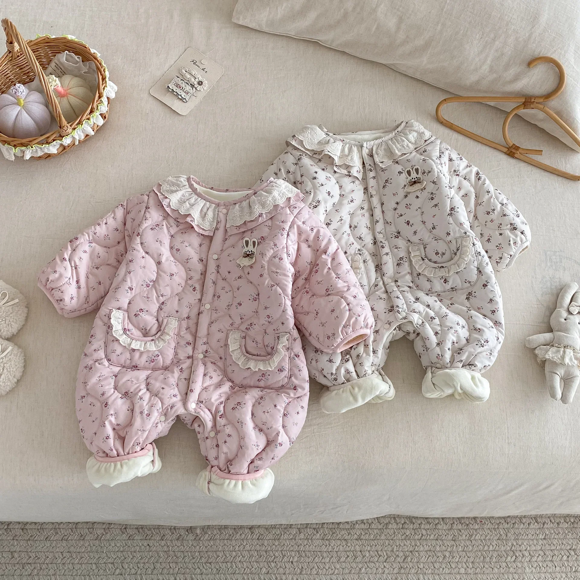 خمر الأزهار الطفل رومبير الدانتيل طوق الشتاء سميكة القطن مبطن الوليد بذلة 0-2Y الملابس #3