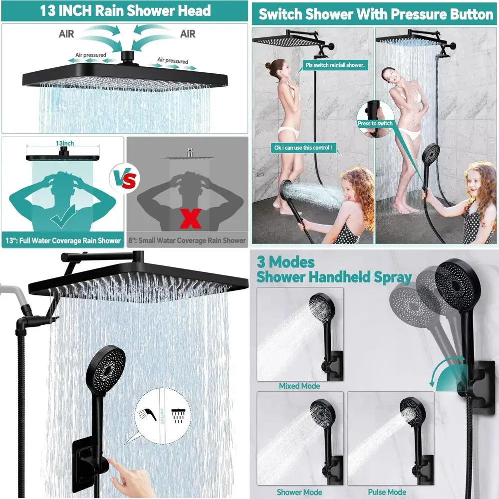 13 Dual Showerhead with Handheld, 3-Function Spray, Extendable Arm, 71 Stainless Steel Hose in Matte Black