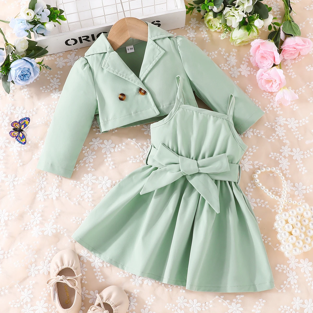 2 Pieces/suit Newborn Girl 6 Months -4 Years Long Sleeve Top Sling dress Princess Dress Costume Baby suit