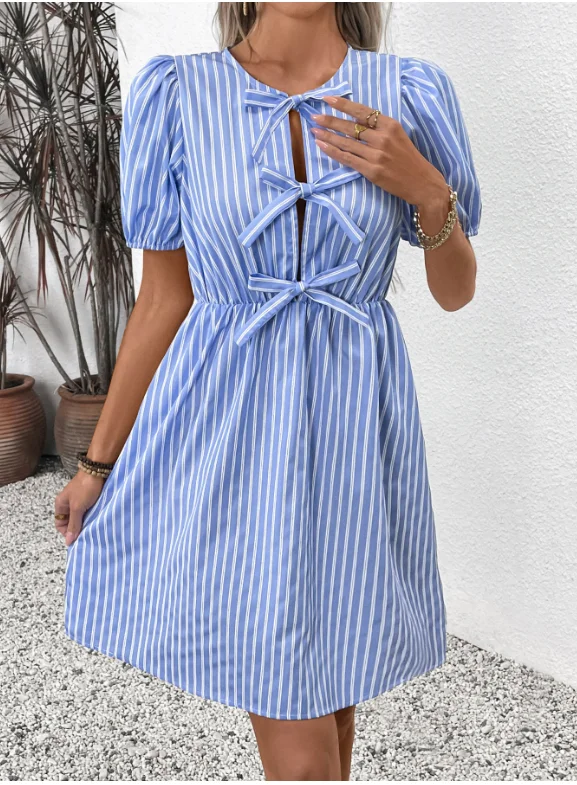 

French Midi Dress Woman Romantic Retro Striped Printed Dress O-Neck Tie Dress Elegant Casual Summer A-Line High Waisted Dress