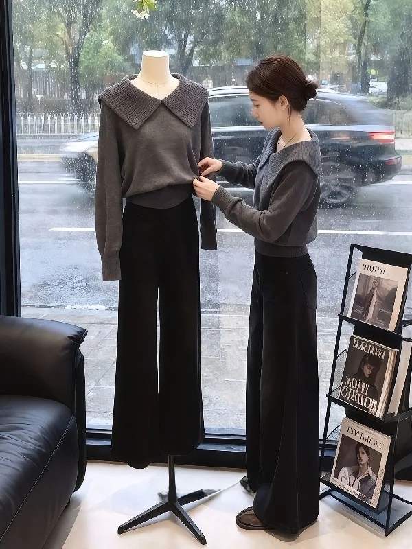 

Slimming Large Size Doll Collar Knitted Sweater for Women Trendy Korean Sle Long Sve Casual Top Spring New Arrival