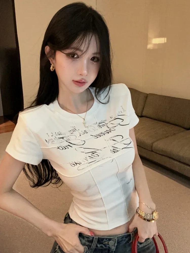 

Retro American Letter Print Slim Fit Short Sleeve T-Shirt Women Summer Design Sensation Slimming Hot Girl Short Top