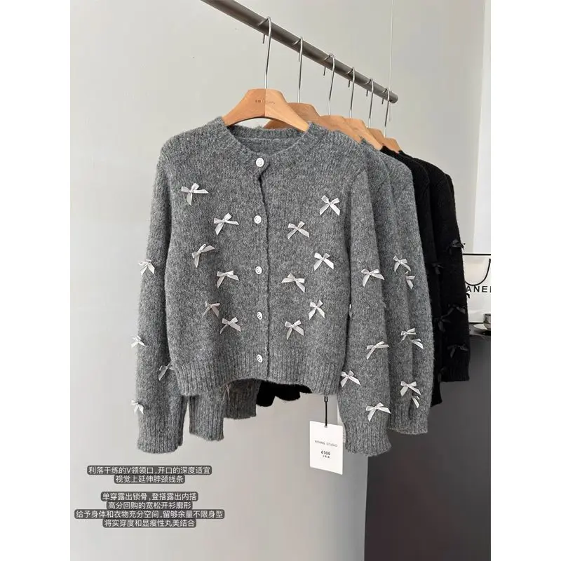 Spring and Autumn Xiaoxiangfeng Butterfly Knot Knitted Sweater Top Design Sense Heavy Industry Short Knitted Sweater Cardigan