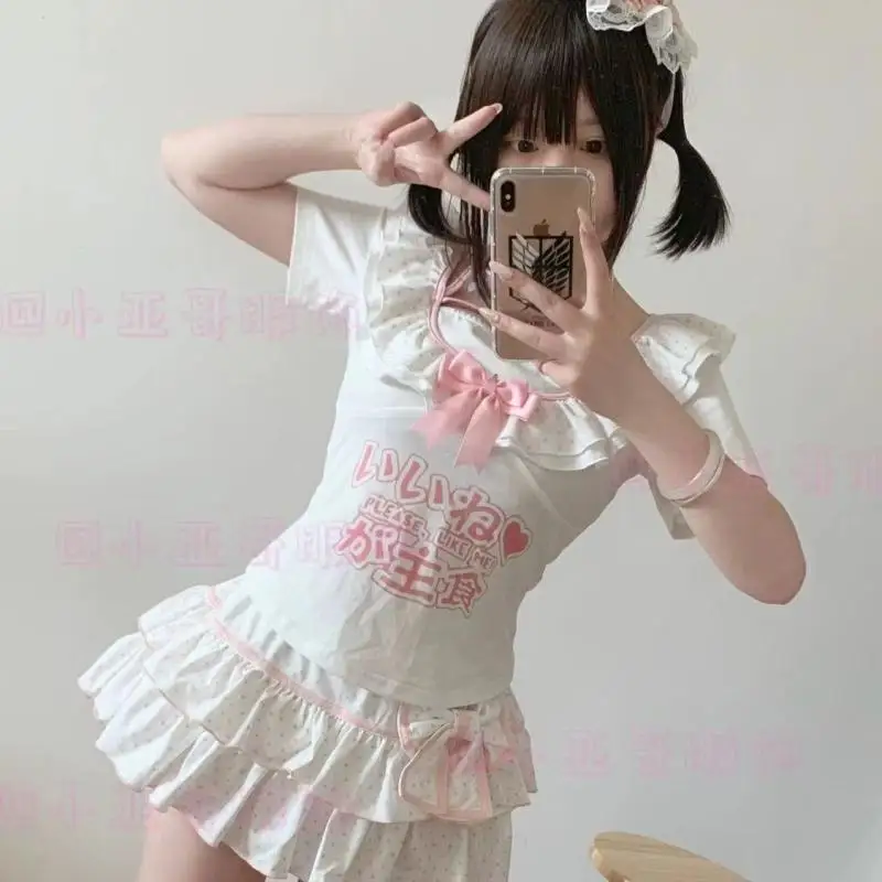 Women's Skirt Cute Sweet Bow Polka Dot Pattern Short Skirt Summer Girls Ruffles Cake Layered Skirts Harajuku Mini Skirts Fashion