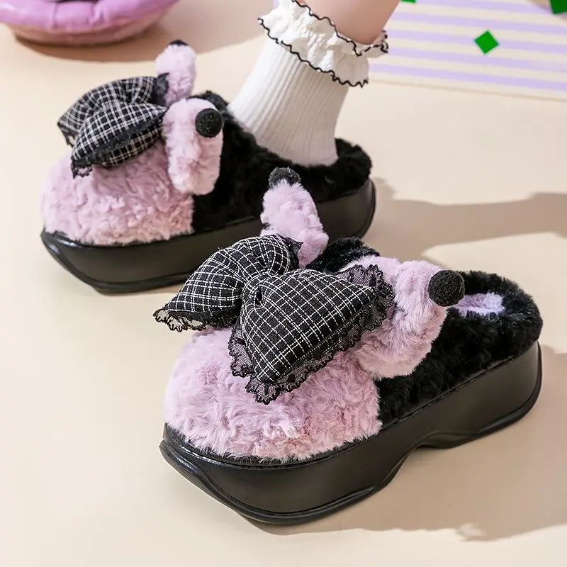 

Harajuku bow slippers for women snug outdoor furry mules slides shoes ladies 6 cm platform fuzzy slipper goth winter flip flops