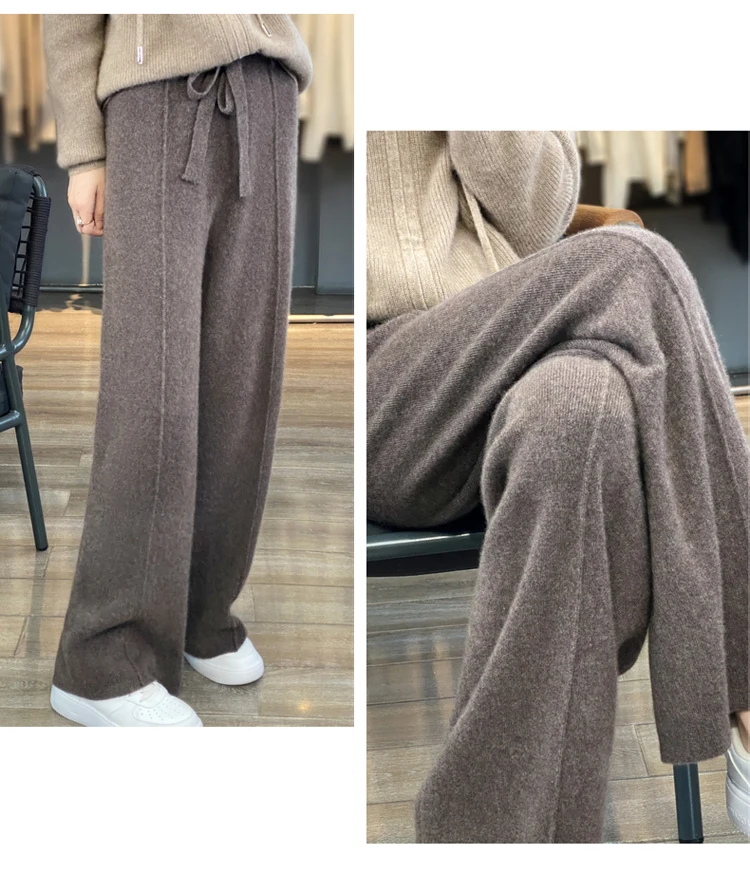 Wool Knitted Wide Leg Pants for Women in Autumn and Winter, with a Draping Feel and Straight Tube Wool Casual Woolen Pants