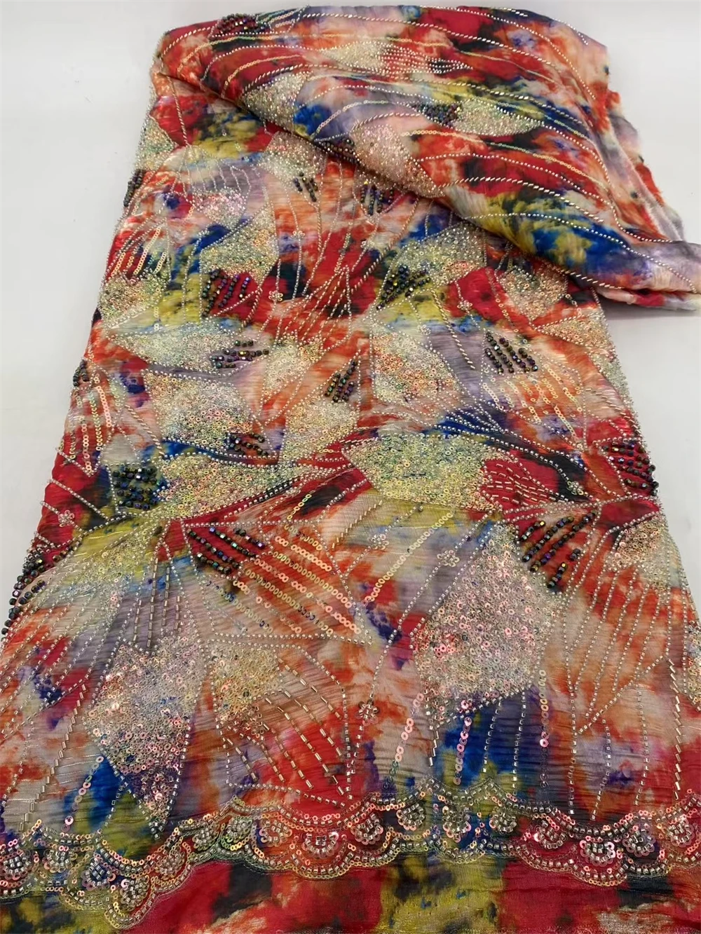 

Super Heavy Multicolor Sequins African Lace Fabric 2025 French Embroidery High Quality Luxury Heavy Beaded Bridal Wedding Lace