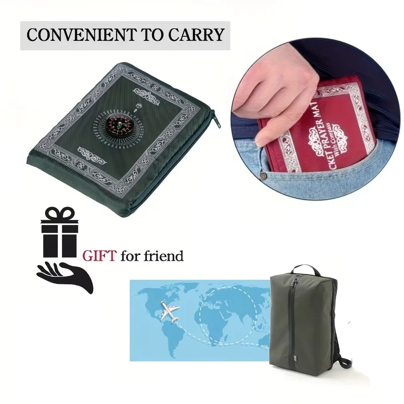 Portable Prayer Rug Waterproof Muslim Travel Prayer Mat with Compass, Lightweight Islamic Gift for Ramadan, Carpet for Men Women