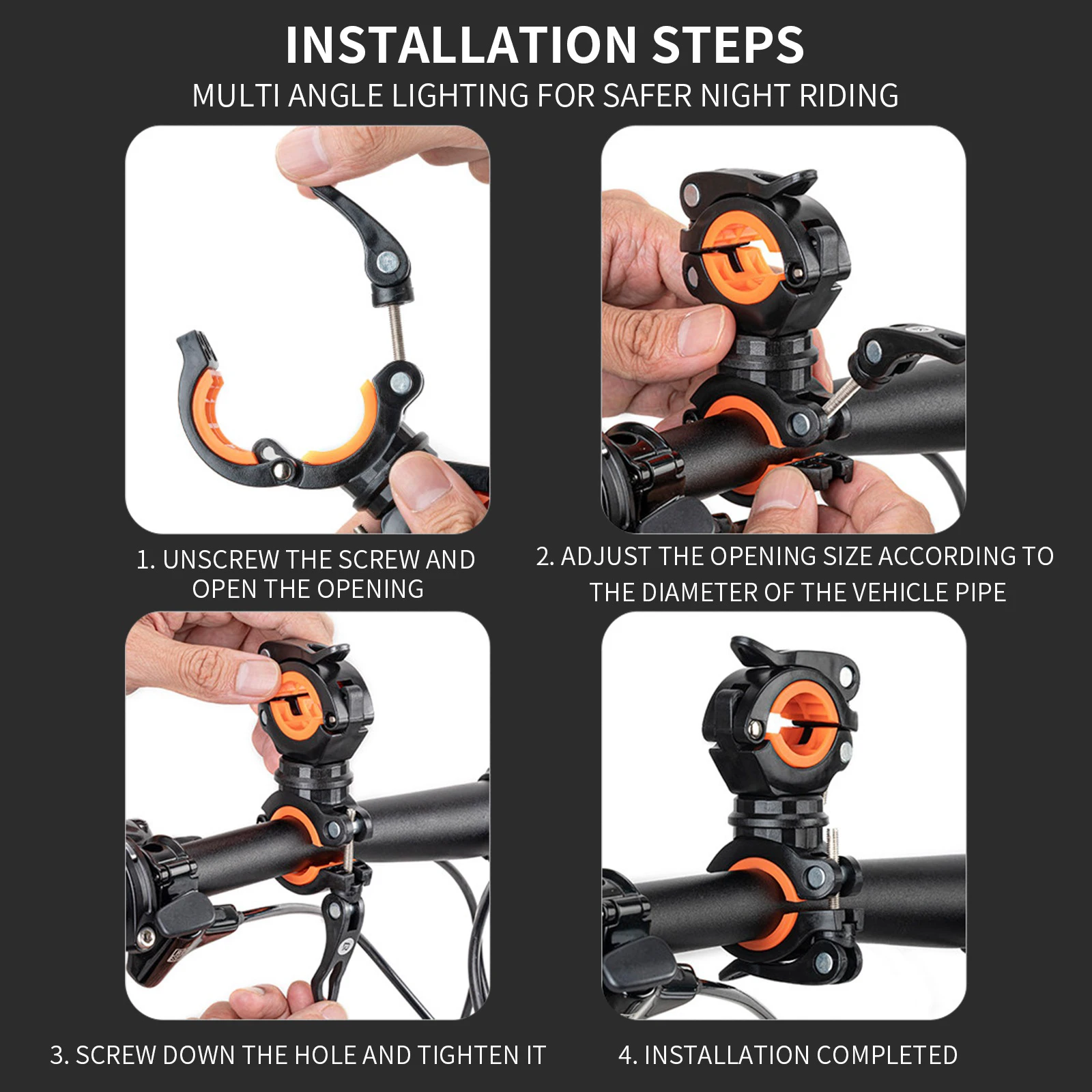 TOSUOD 360 ° Drehbarer Fahrrad-Taschenlampenhalter Universeller Lenkerclip Verstellbare Fahrradlicht-Halterung Zubehör – Detail 8