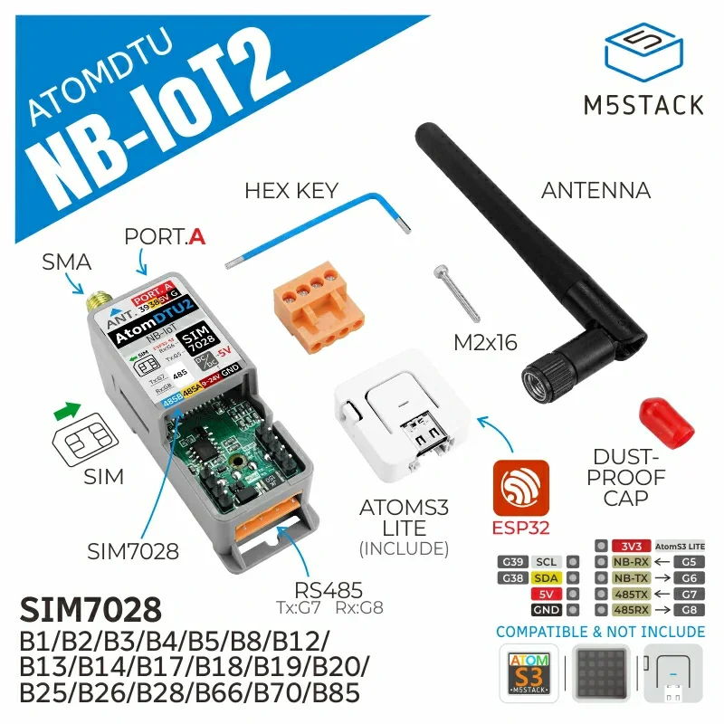 M5Stack ATOM DTU NB-IoT2 SIM7028 Programmable Wireless Data Transmission Unit Global NB-IoT DTU with AT Command & SMA Antenna