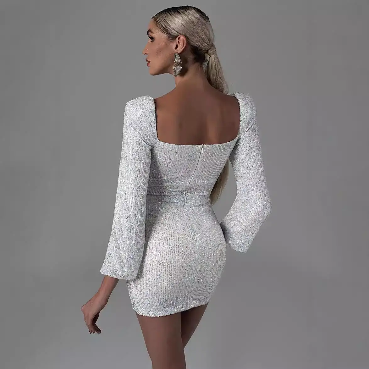 Sexy V-Ne Bodycon Dr avec ourlet asymétrique et paillettes pour femmes collection automne pièce unique col haut longue Sl...