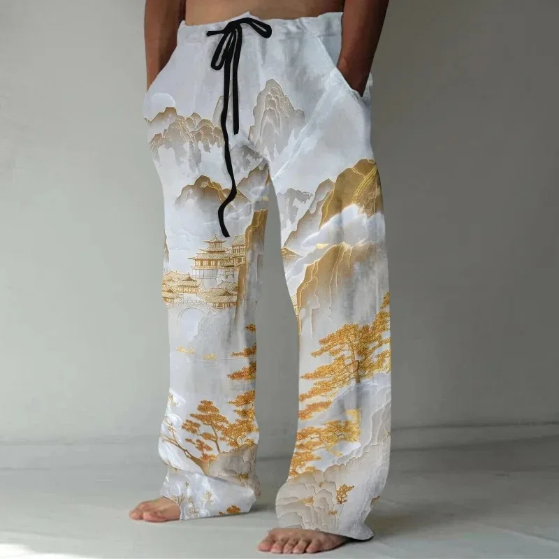 

Men's Holiday Retro Trousers Japanese Ukiyo-e Landscape Art Print Casual Linen Blend Pants 2026 Summer Elastic Waist Man Clothes