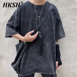 HKSH American Vintage Washed Round Neck T-shirt Men's Tide Dark Summer New Trendy Tops High Street Loose Half Sleeve Tees HK2250