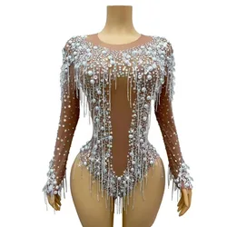 Sparkly Rhinestones Chains Pearls Bodysuit Women Sexy Mesh See Through Long Sleeve Performance Dance Costume Show Stage Wear