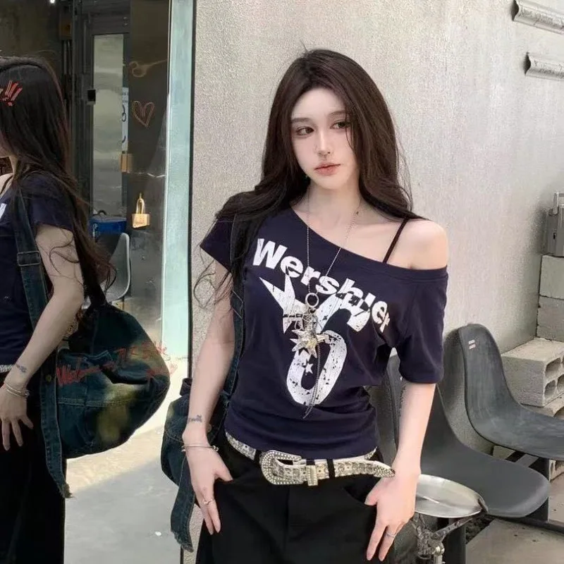 Y2k Sport Summer Off Shoulder Top Women Sexy Vintage 2000s Short Sleeve T Shirt Lady Body Basic Crop Top Female Casual