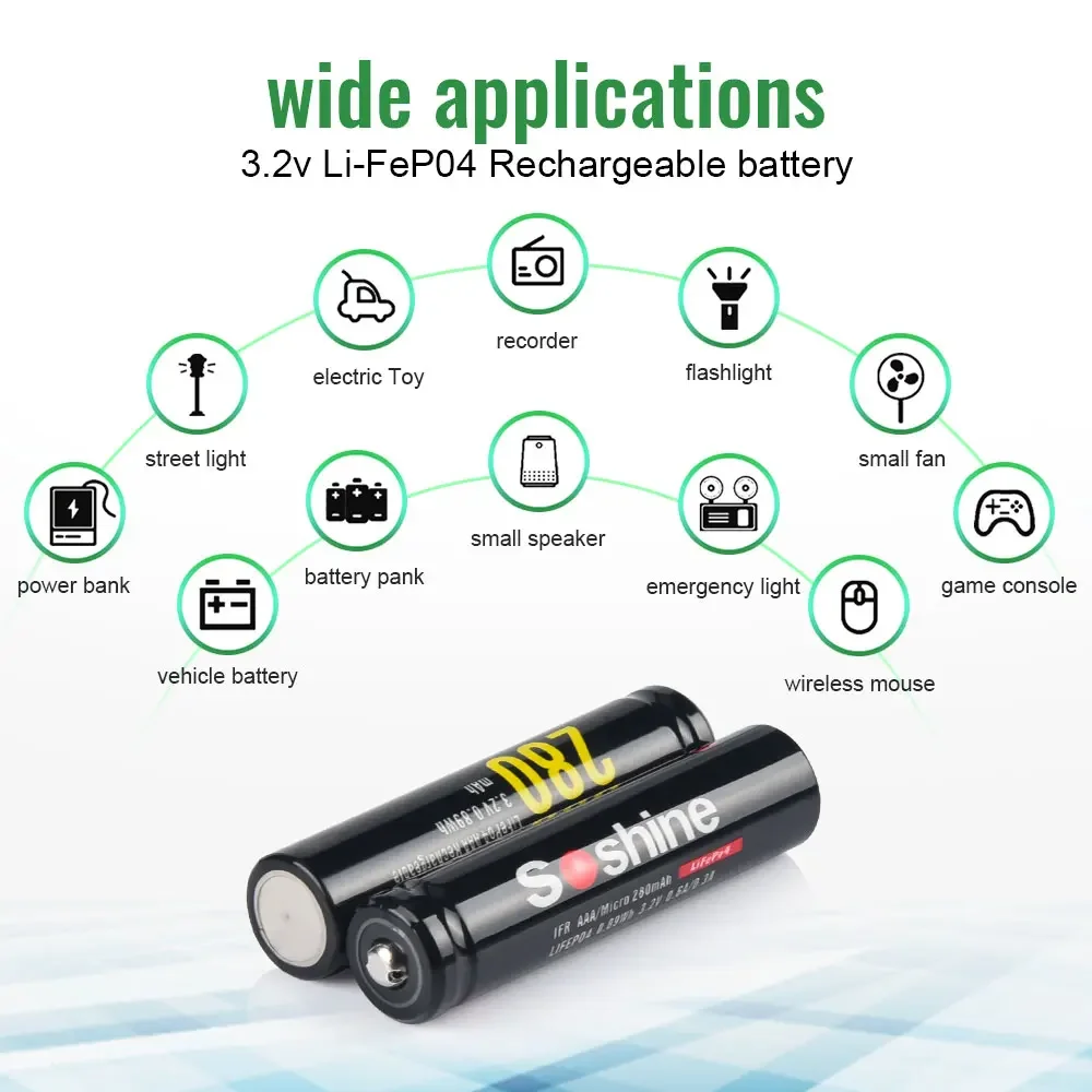 Soshine 10440 280mAh LiFePO4 batteria ricaricabile e caricabatterie 3.2V AAA 14500 10440 caricabatteria intelligente 2 Slot con cavo ue usa