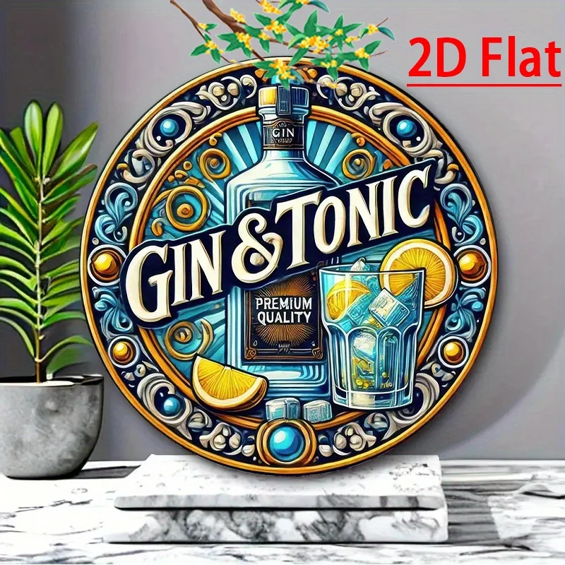 Vintage Gin & Tonic Metal Wall Sign - 20cm Round Aluminum Decor with Ornate Border, Perfect for Home, Bar, Cafe, and Holiday