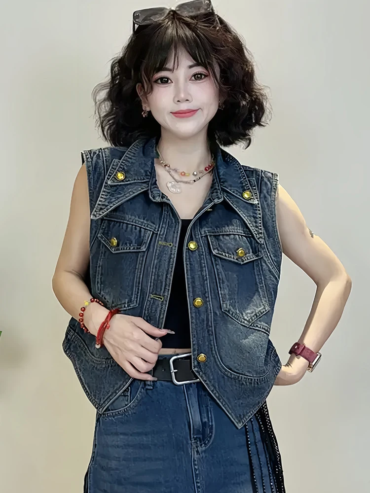 

Корейский универсальный джинсовый жилет в стиле кэжуал для женщин: модный, красивый, для повседневной носки, с декоративными вставками