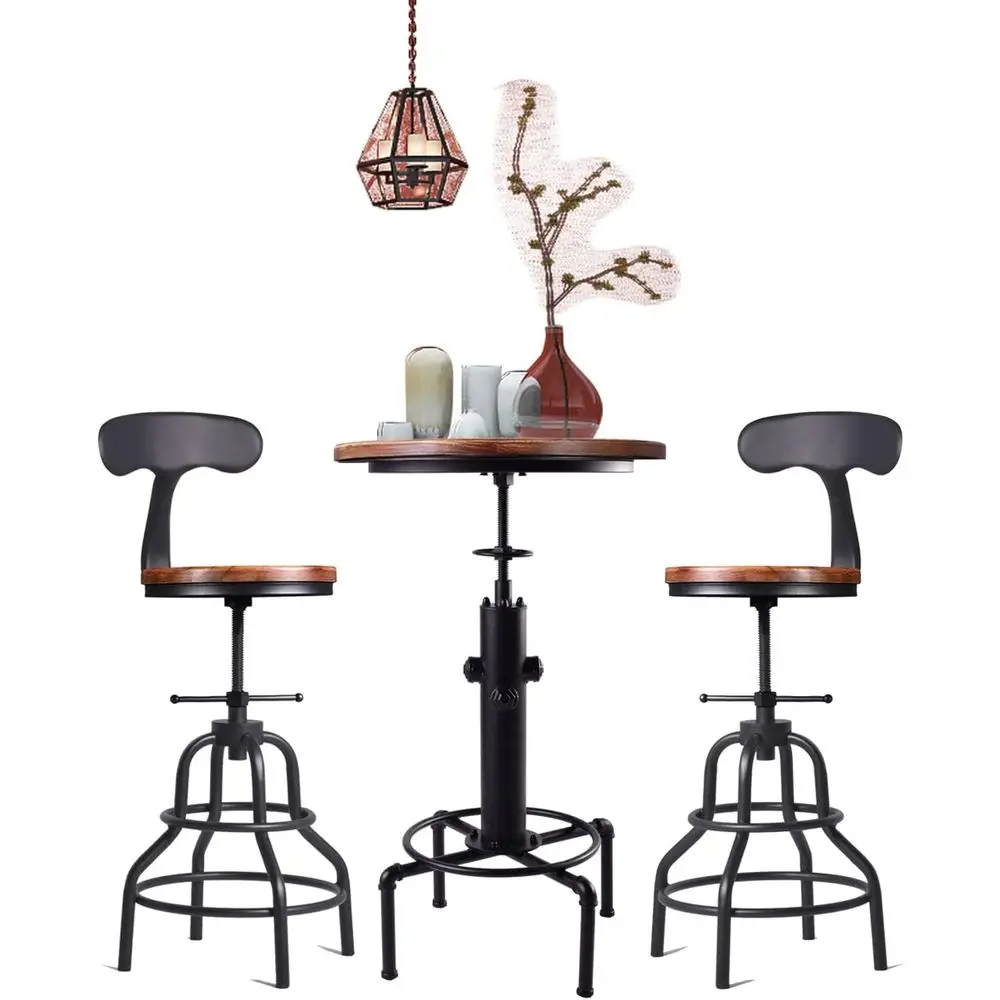 

Industrial Style 3-Piece Metal and Wood Bar Set with Adjustable Swivel Stools