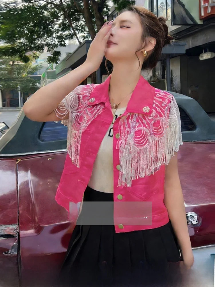 Casual Short Denim Vest Women's Outerwear Fashion Shoulder Jacket Trendy Commute Style Breathable Splice Process City Girl