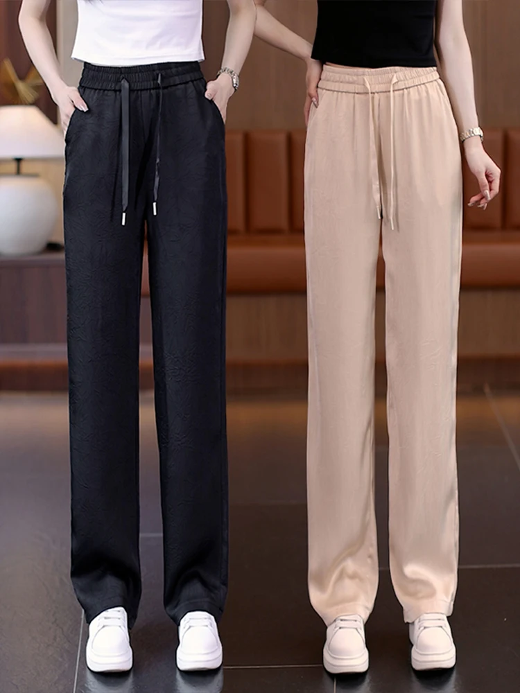 

Женские летние тонкие брюки Slim Fit из ледяного шелка с широкими штанинами, с высокой талией, свободные, прямые, в корейском стиле, для повседневной носки