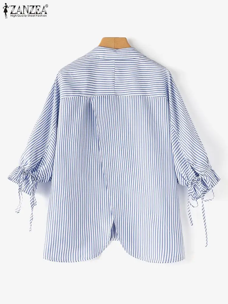 ZANZEA Women Stripe Print Shirt Casual Loose 3/4 Sleeve Blouse 2024 Summer V-neck Thin Tops Vintage Bandage Cuff Office Blusas