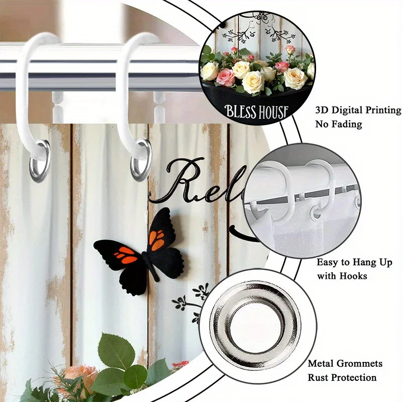 ستارة حمام ريفية عتيقة - ورود بيضاء ووردية، فراشات، اقتباس مريح، 12 خطافًا، ديكور حمام هادئ #5