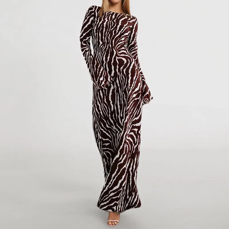 

Europe and America Foreign Trade Summer Women Dress Temperament Elegant Printing Leopard Print Round Neck Long Sleeves Fashion