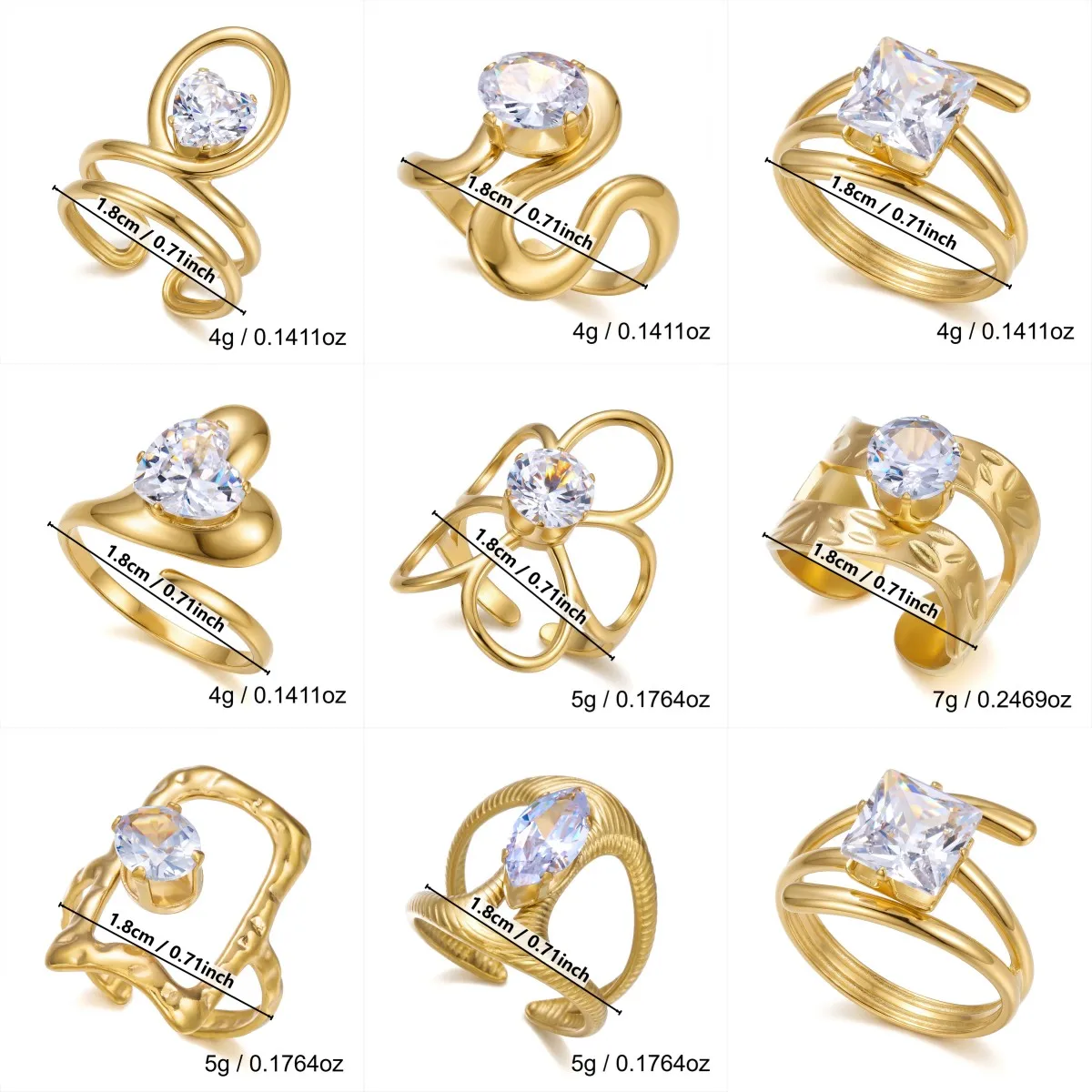 Einzigartiger Herzförmiger Zirkonia-Ring für Damen und Herren Edelstahl Goldfarben Hohler Blumen-Fingerring Wasserdichter Schmuck Geschenke – Detail 7