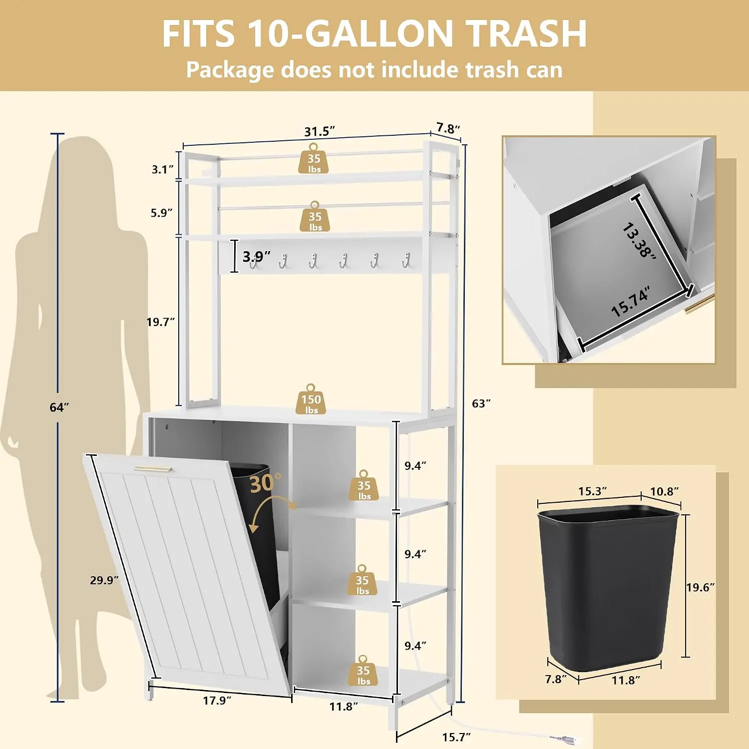Bakers Rack with Trash Can Storage Bin Cabinet and Power Outlet