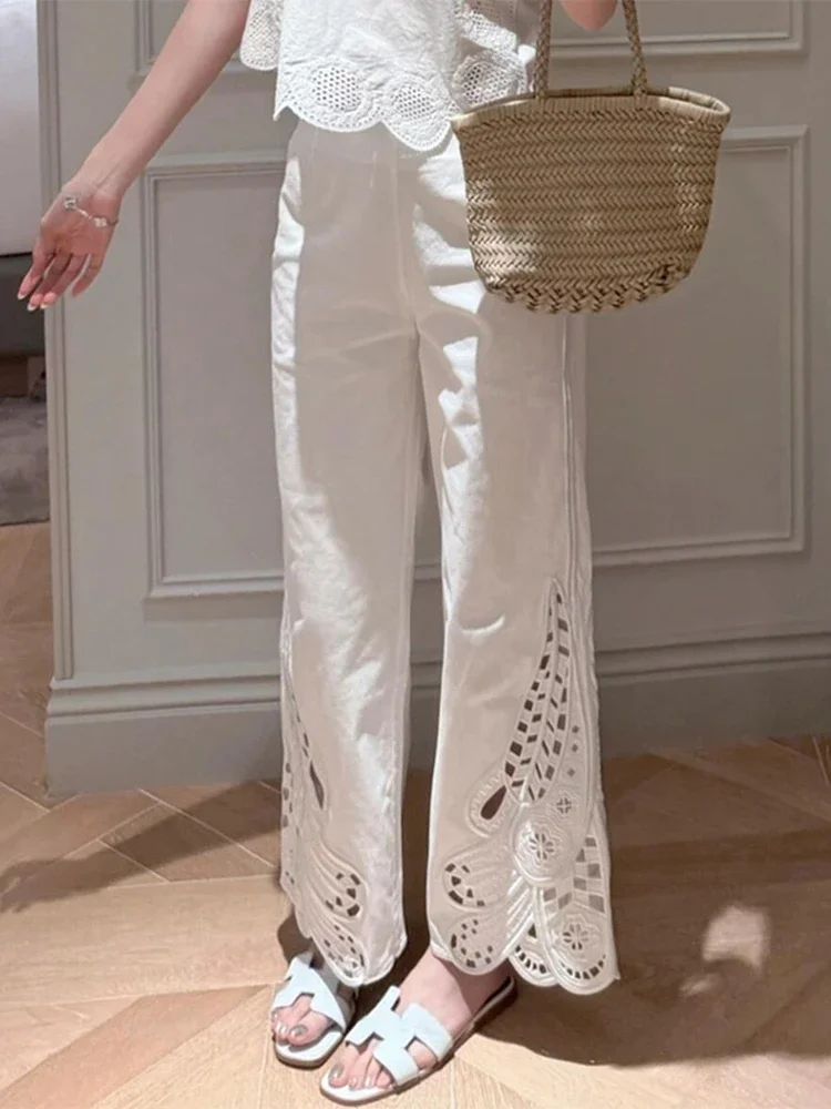 French Elegan Casual Embroidered Flared Women's White Heavy-duty Crochet Wide Leg Pants Female Summer Korean Fashion Streetwear