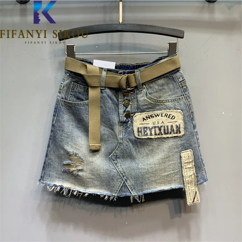 Washed Denim Skirt Women Pocket Letter Print Fashion Ripped Jeans Skirts Summer Loose A-Line High Waist Mini Skirt Female