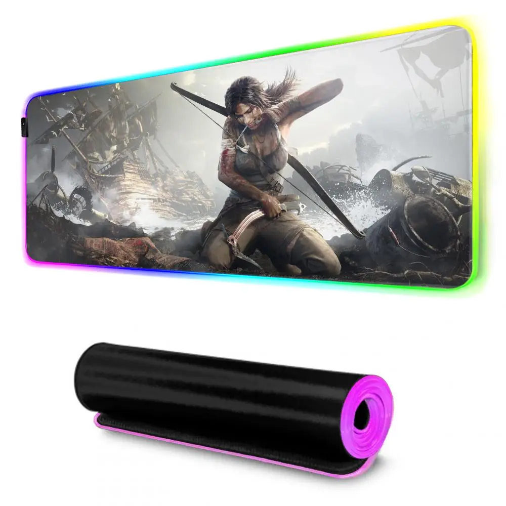 Tomb Raider Lara Mouse Pad RGB Gaming Mousepad Big LED Pad PC Desk Mat Luminous Mouse Pad Large Keyboard Mats Table Rug