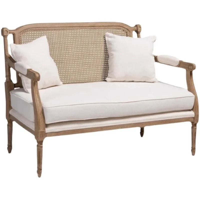 

French solid wood natural rattan double sofa retro old single leisure chair living room hotel villa furniture
