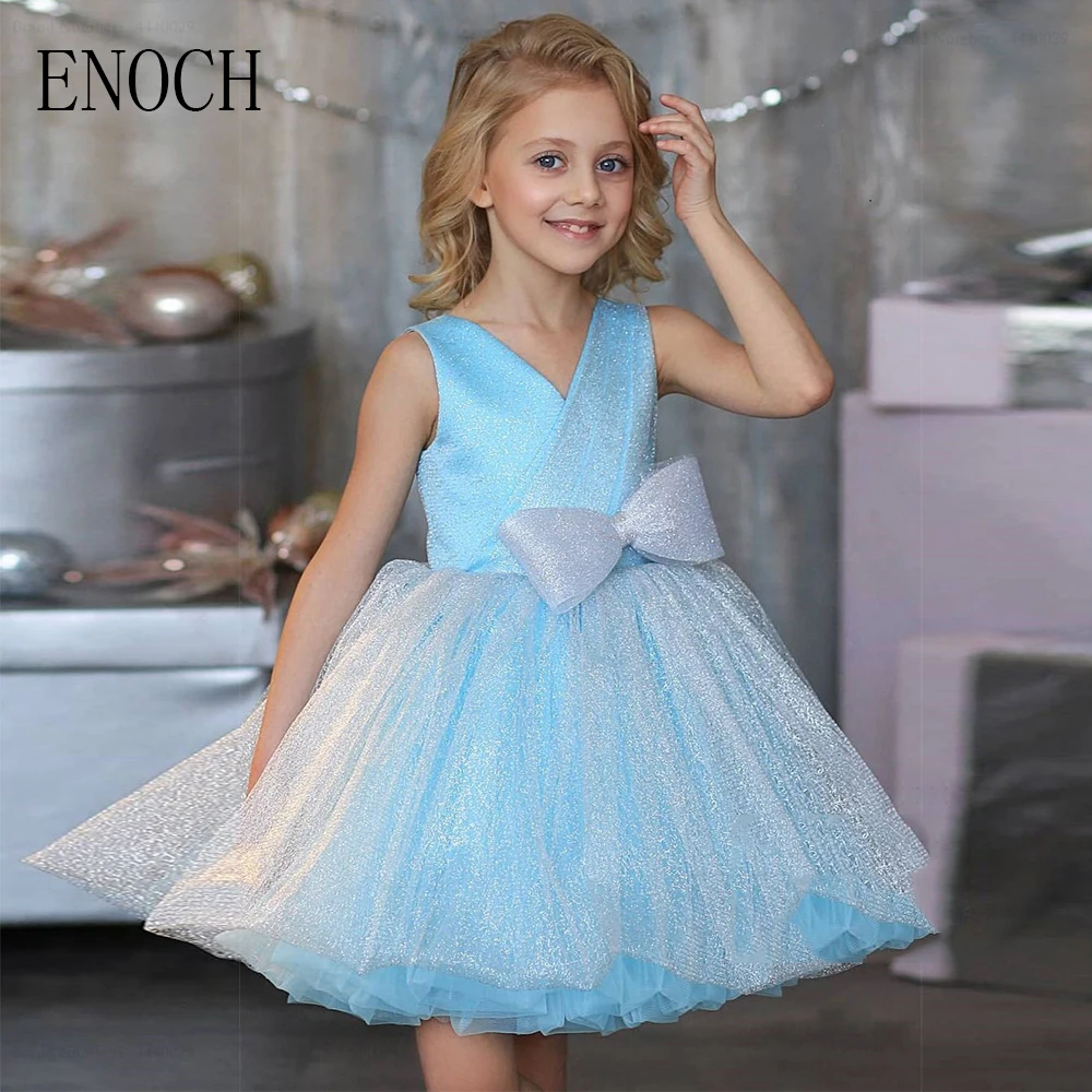 

ENOCH Sparking Flower Girl Dresses with Bow New Kids V-Neck Sleeveless Tulle Knee Length Wedding Party Gowns فساتين الحفلات