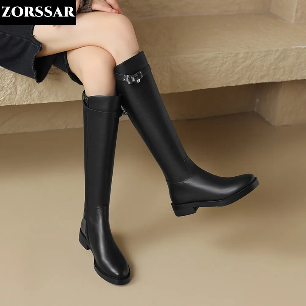 2024 Autumn New Women High Boots Genuine Leather Fashion Black Casual Knee High Boots Buckle Winter Riding Shoes Woman Footwear