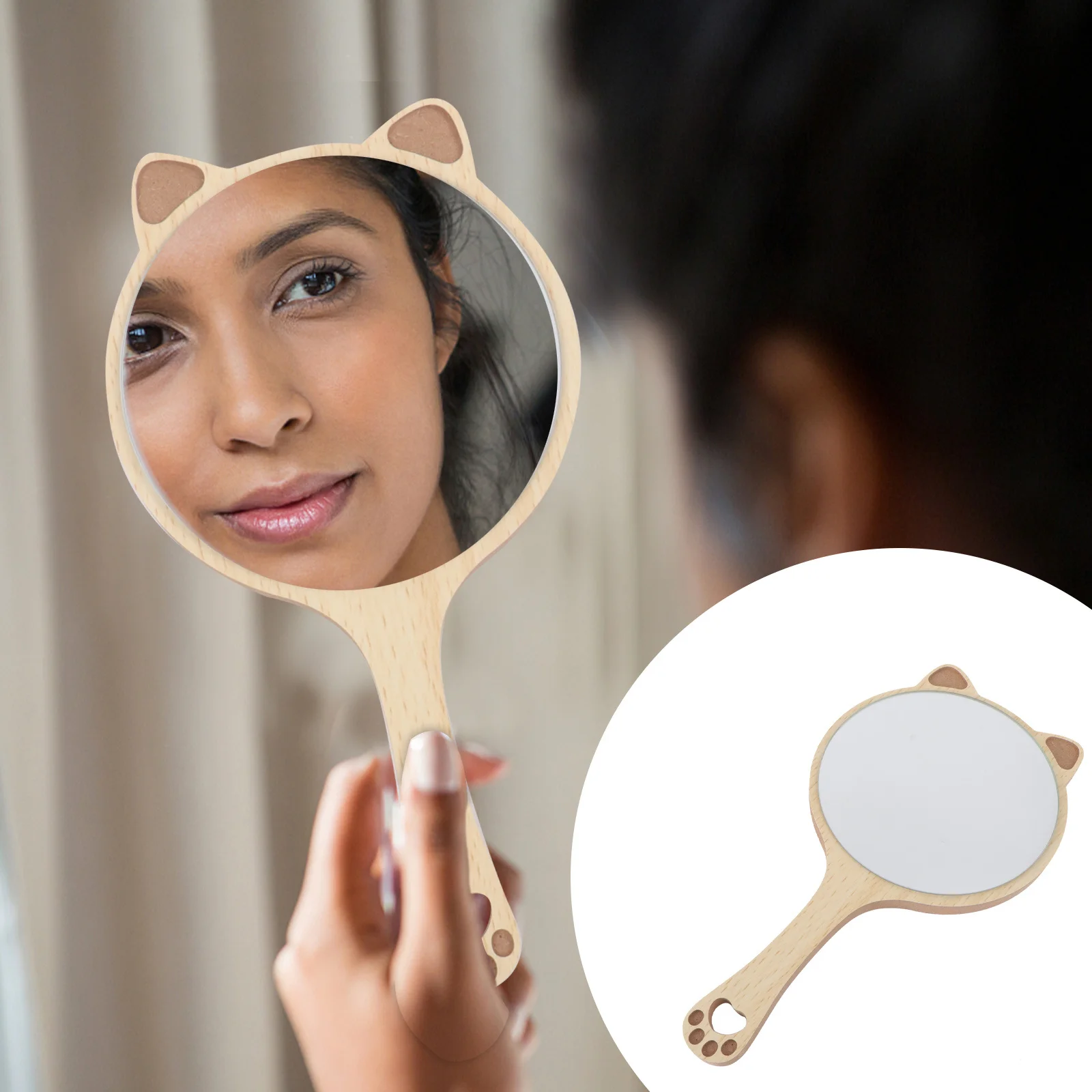

Wooden Cat Ear Makeup Mirror Handheld Lightweight Compact Portable Mirror Travel Tool for Girls Women