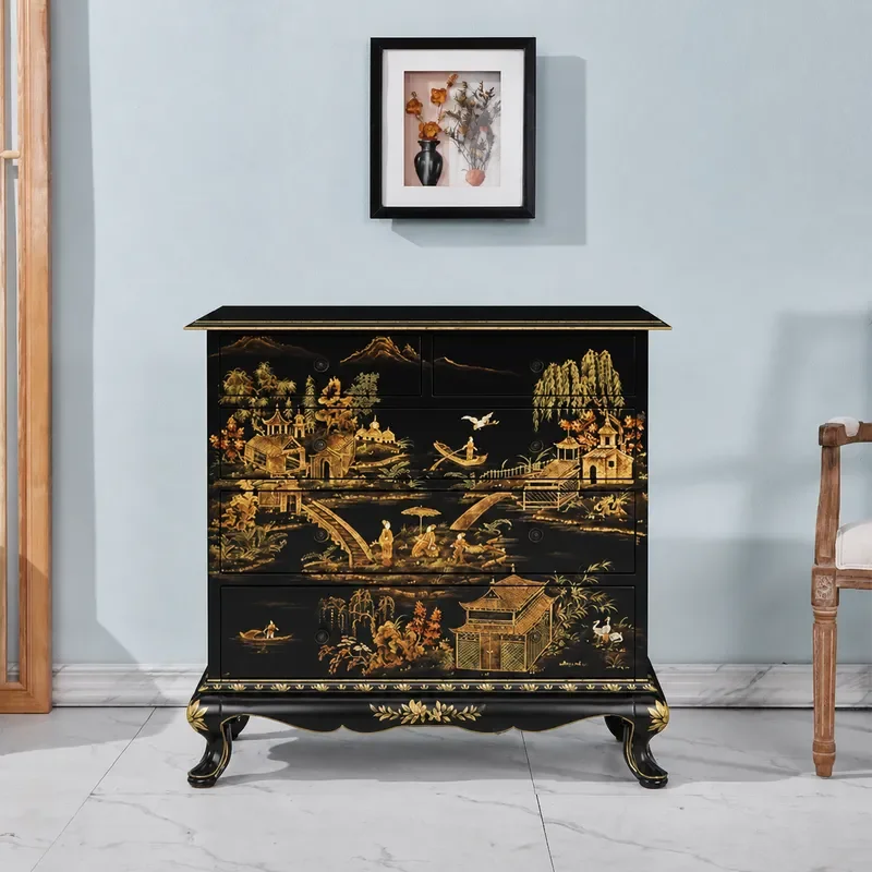 Solid Wood Chest of Drawers Retro Painted Side Cabinet Bedroom Wall Locker Bedside Storage Drawer Cabinet for Home