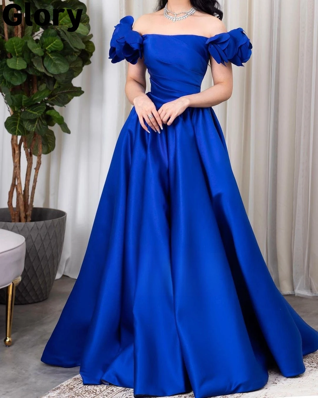 

Noble Blue A-Line Evening Dresses 2023 Off Shoulder Sleeveless Floor-length Soft Satin Prom Dresses Formal Occasion Party Gown