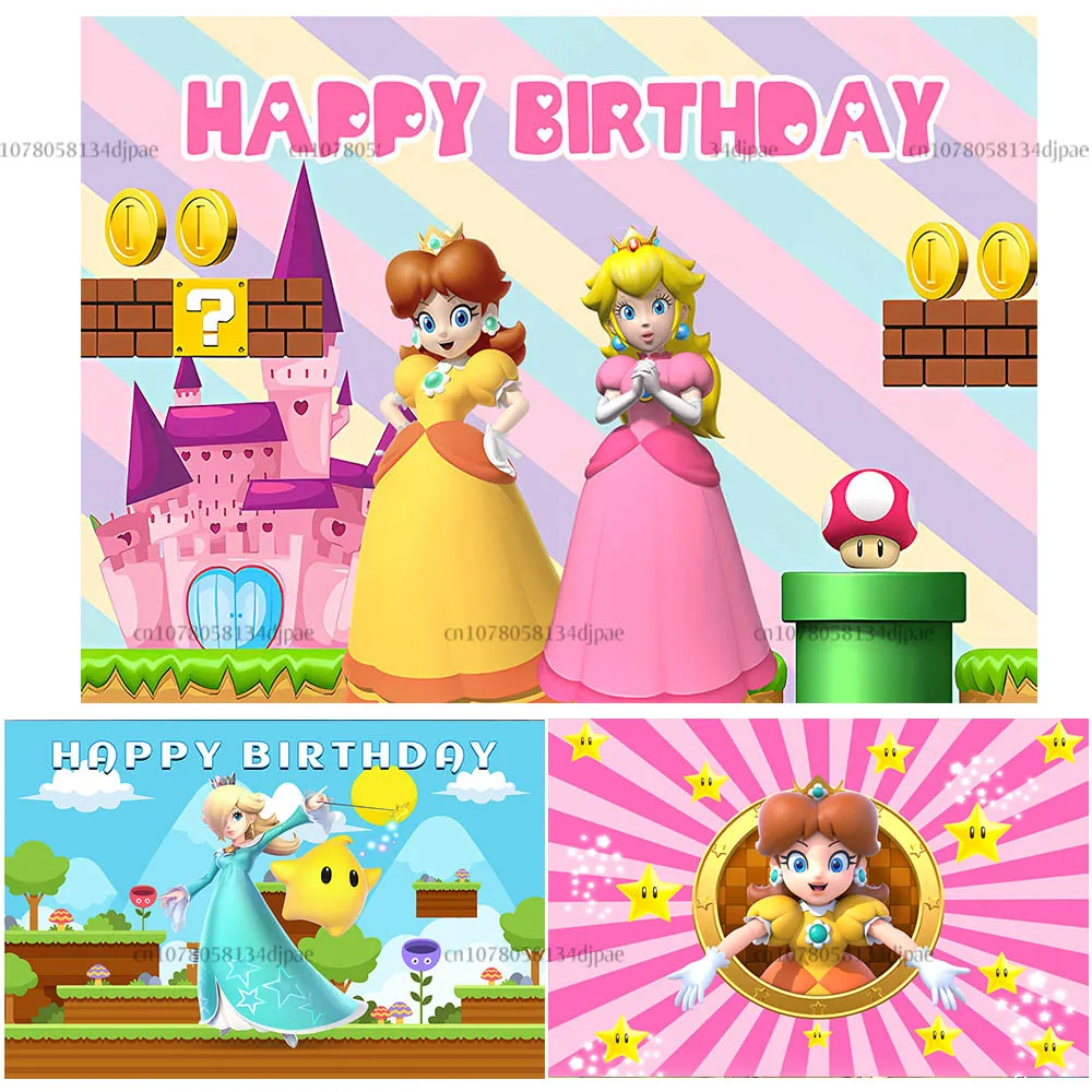 Princess Peach Rosalina Daisy Backdrop Pink Girl Birthday Party Background Banner Decorations Super Mario Photo Studio Supplies