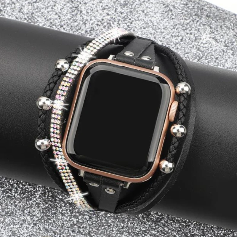 Diamond Ring-shaped Metal Strap For Apple Watch 49mm 45mm 41mm Smart Ladies Leather Bracelet For Iwatch Series 9 8 7 6 SE 5 4 3