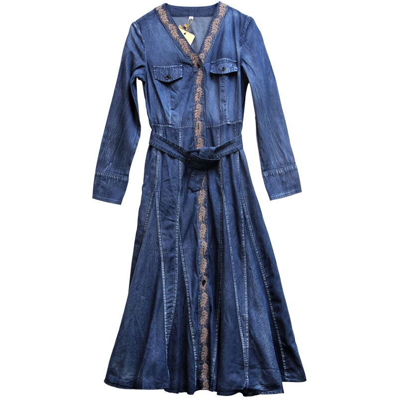 Jurk Voor Vrouwen 2022 Yuzi. Kan Boho Nieuwe Denim Jurken V-hals Vintage Borduurwerk Single Breasted Belted Vestido Feminino A82386