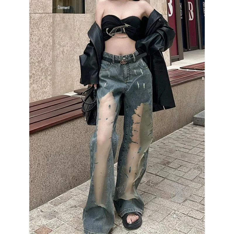 Y2k Denim Pants Women Vintage Quality Top Selling Loose Wide Leg Jeans Original Mesh Splicing High Waist Shot Trouser Streetwear