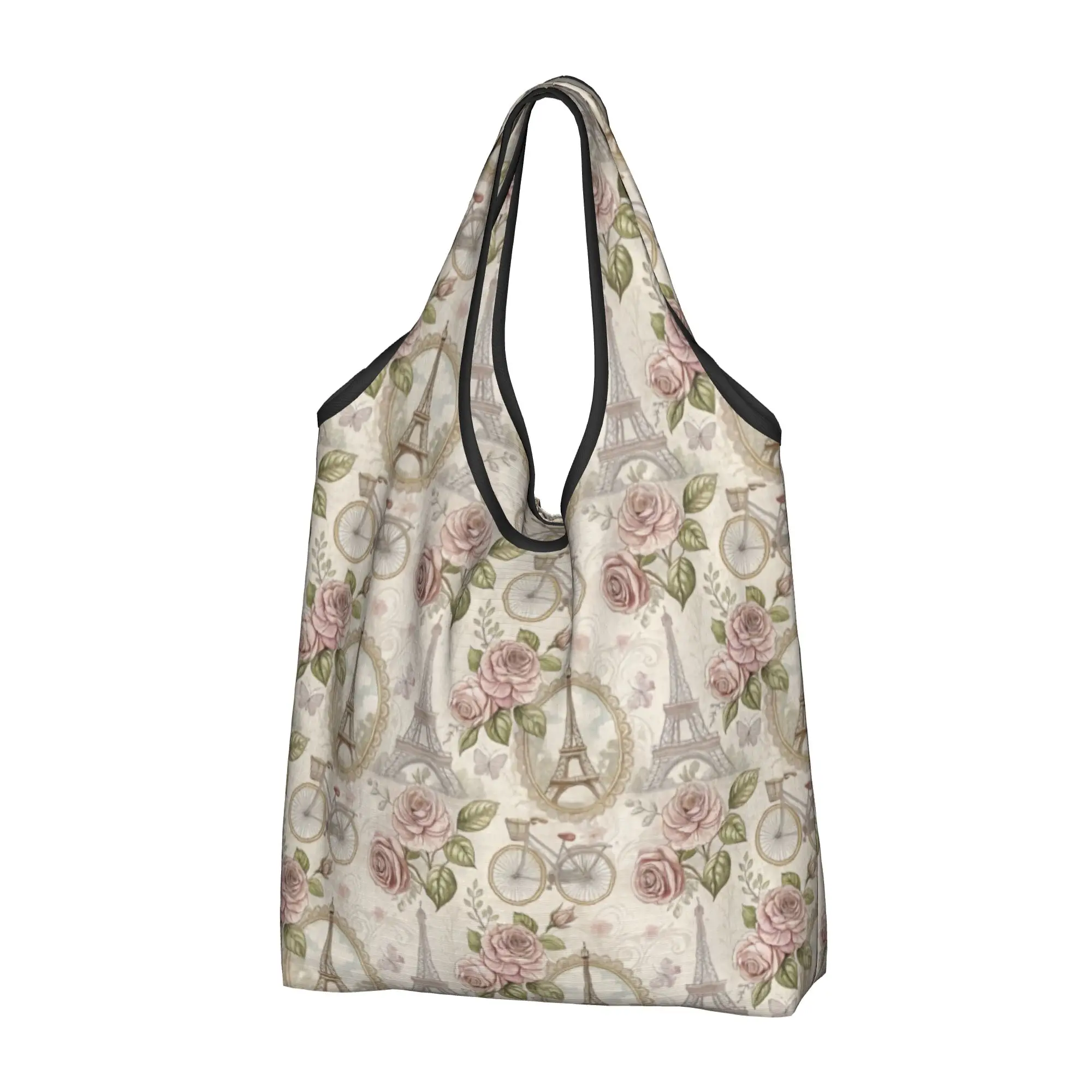 Recycling Paris Eiffel Tower Floral Rose Bicycle  Shopping Bag Women Tote Bag Portable Romantic  Groceries Shopper Bags