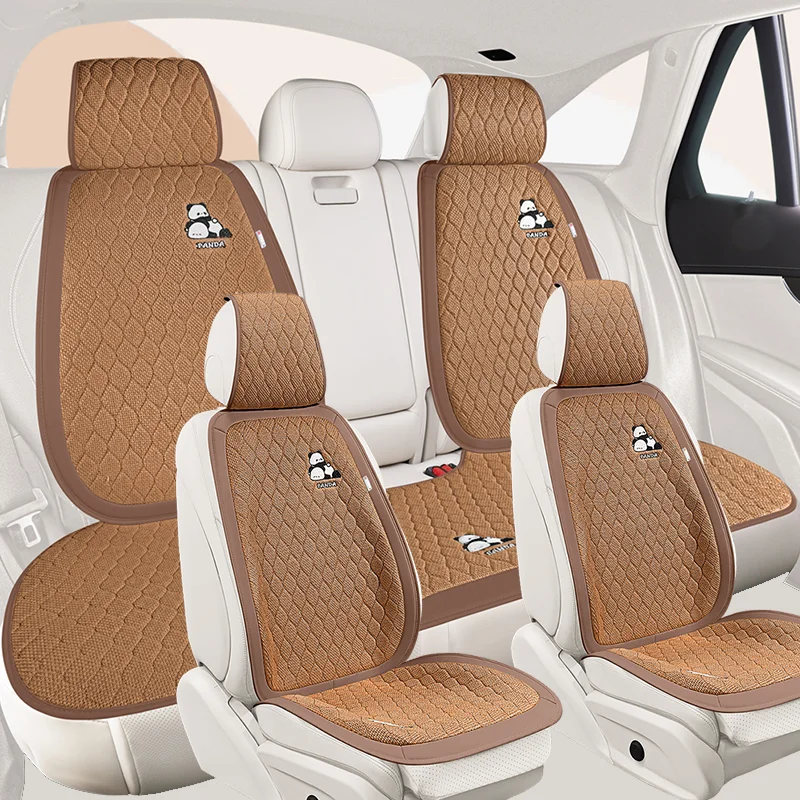 

Comfortable Linen Car Seat Cushion Cartoon Panda Embroidery Protect The Seat Four Seasons Universal Suitable for Most Cars
